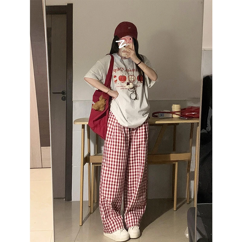 美式辣妹红白格子休闲裤女2025夏季新款高腰宽松显瘦百搭阔腿裤子