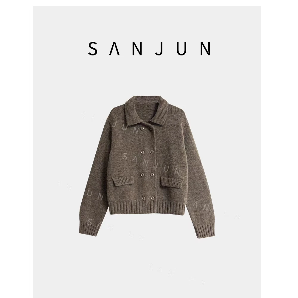 SAN JUN 高端定制 简约风小熊翻领双排扣女SJ 015