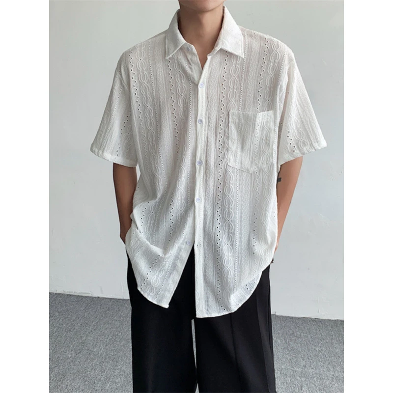 【Rich】复古轻熟镂空短袖衬衫男夏季港风ins潮流宽松小众设计感纯