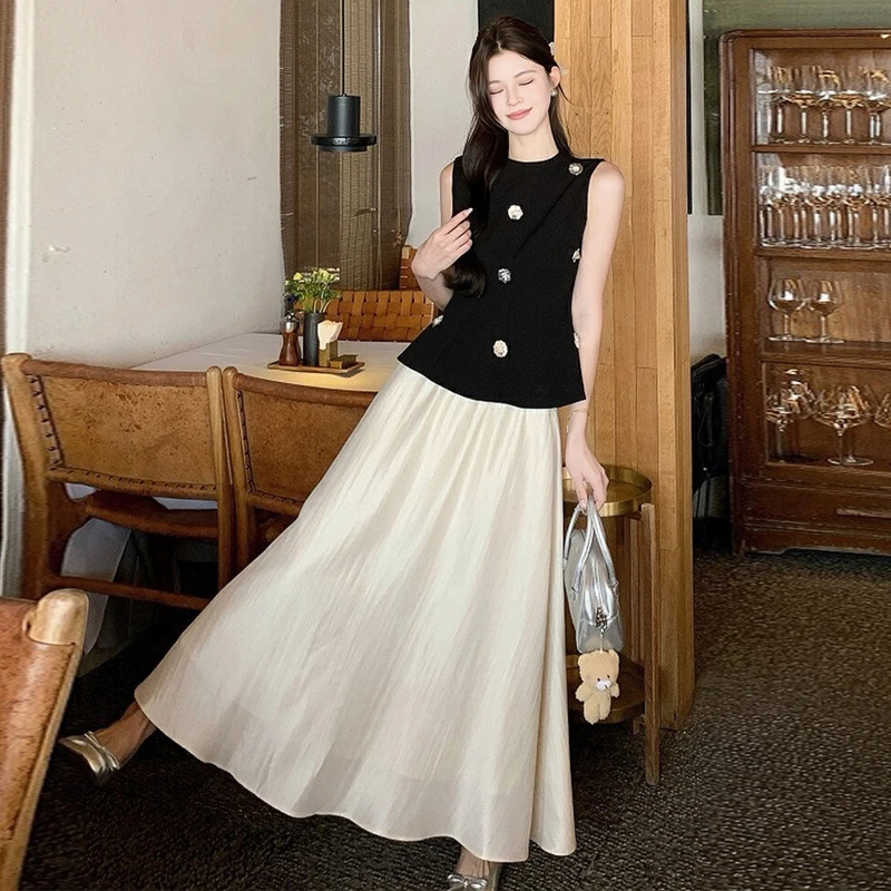 今年流程穿搭一整套女时尚修身无袖背心上衣高腰A字半身裙两件套