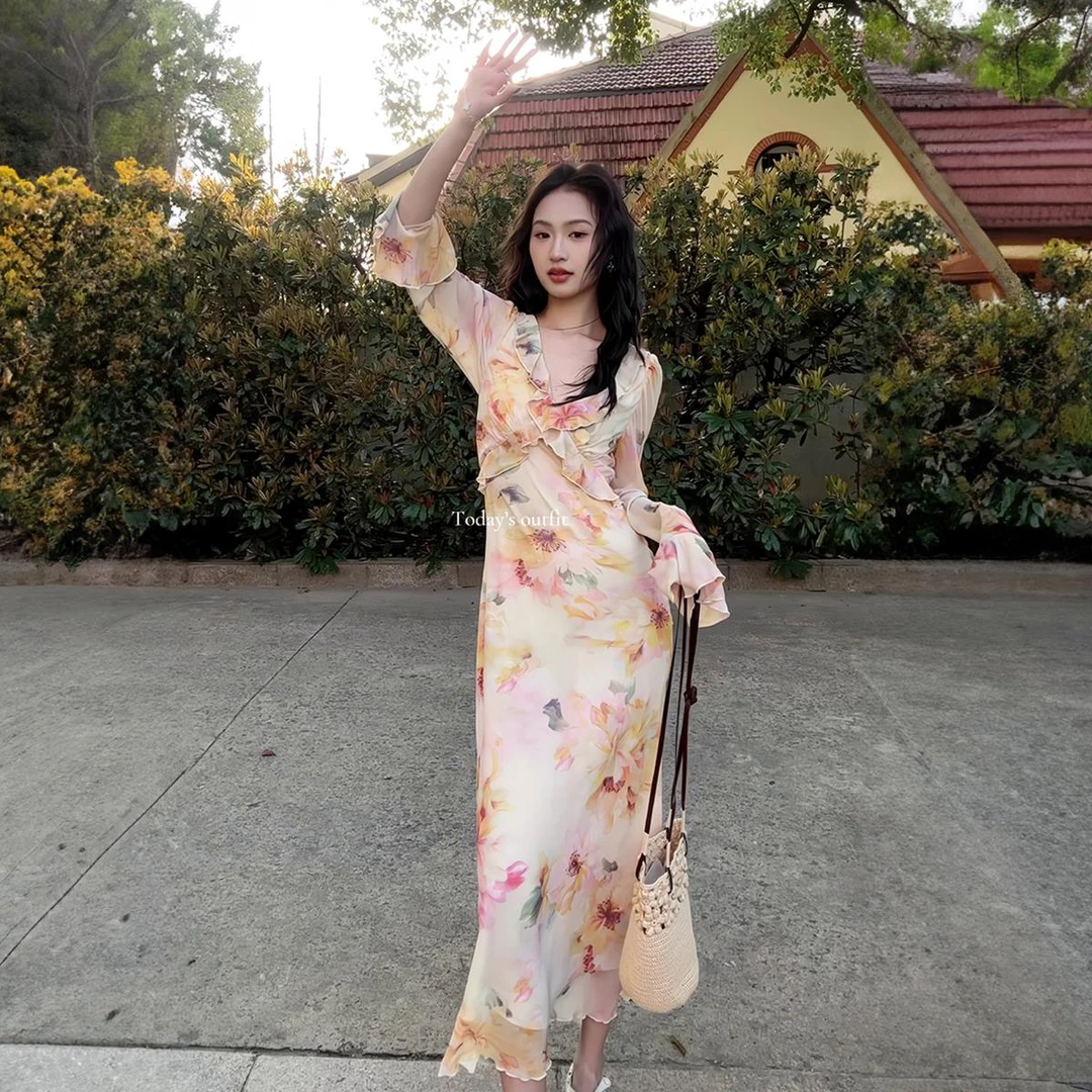 VOCKOO官方2025夏季新款高端精致韩系轻熟风碎花连衣裙宽松显瘦超