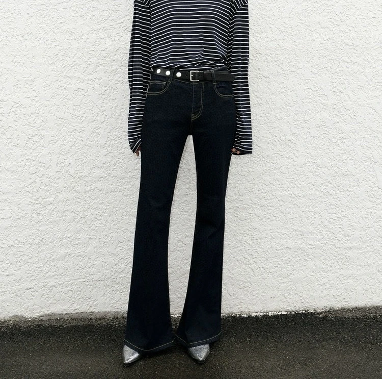 （特）南南微喇弹力高腰牛仔裤藏青色