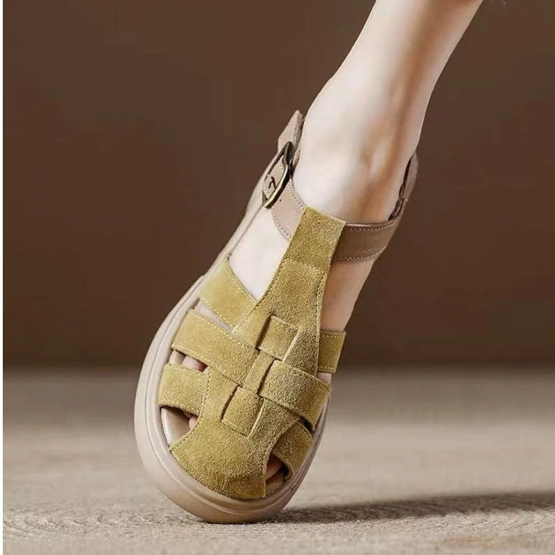 2025牛皮复古新款手工编制镂空外穿厚底百搭凉拖鞋5H6-80117