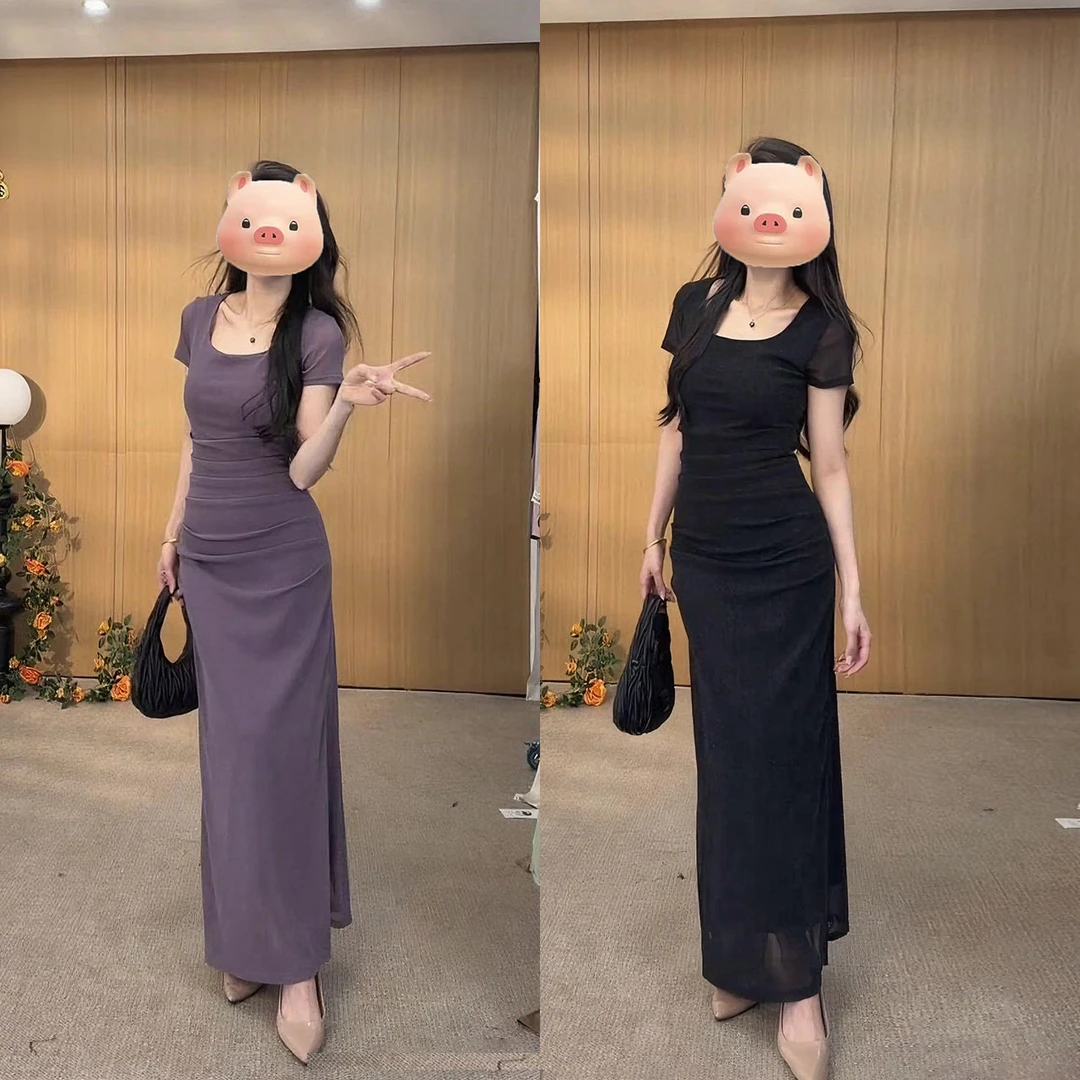 名媛气质短袖方领收腰连衣裙女2025新款夏季下摆开叉独特性感长裙