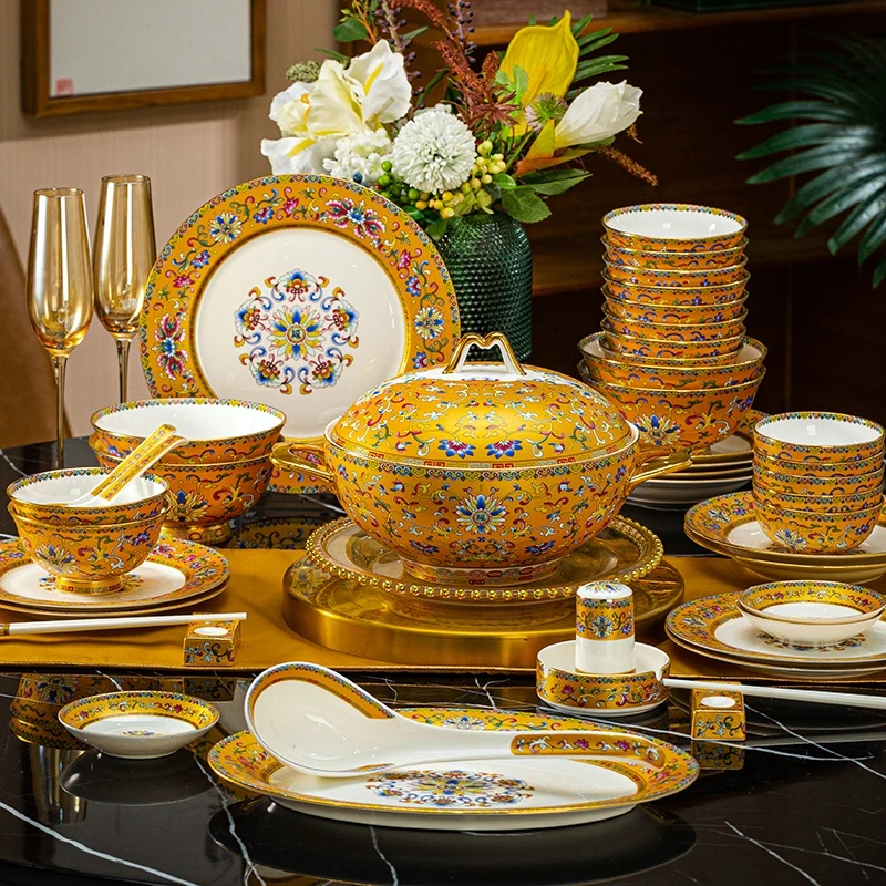 宫廷风黄金珐琅彩陶瓷碗碟餐具家用景德镇高白泥饭碗盘结婚送礼