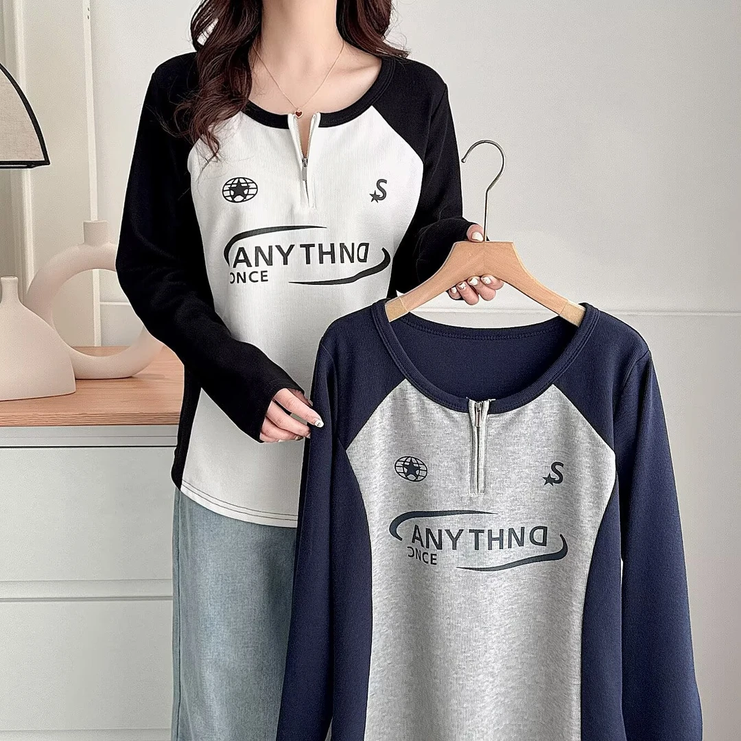 大码胖mm设计感显瘦半拉链圆领长袖打底衫女春季新款百搭休闲上衣