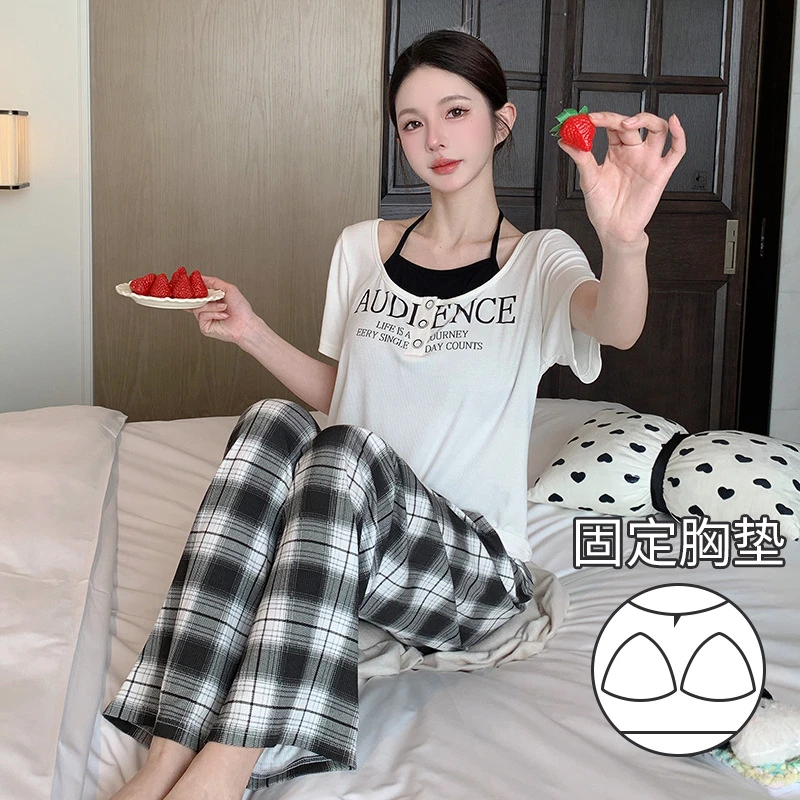 夏季新款莫代尔吊带挂脖假两件睡衣女套装可外穿带胸垫家居服女夏