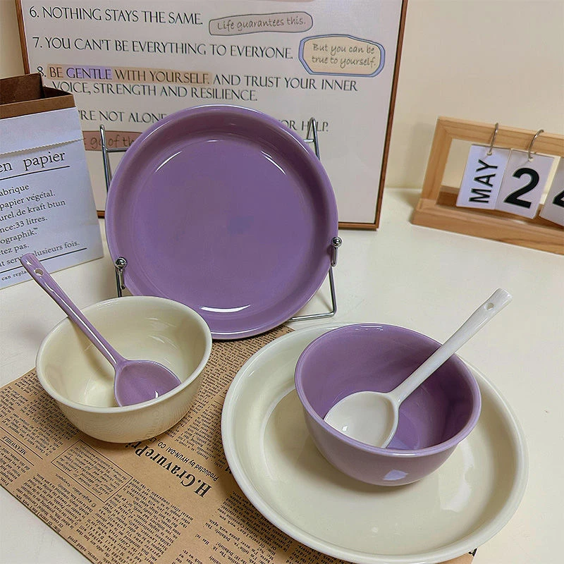 多巴胺色碗盘勺6件套高颜值网红釉下彩陶瓷家用汤盘菜盘小吃盘