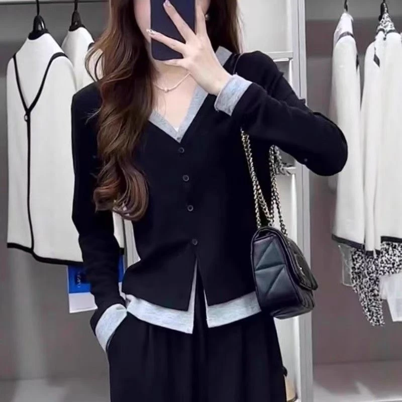 假两件秋季新款开叉宽松百搭V领大码长袖T恤INS风打底上衣女9159#