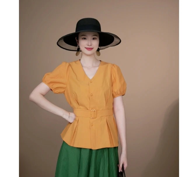 小井定制私服【】夏季新款V领短袖收腰设计感衬衣J25Z033