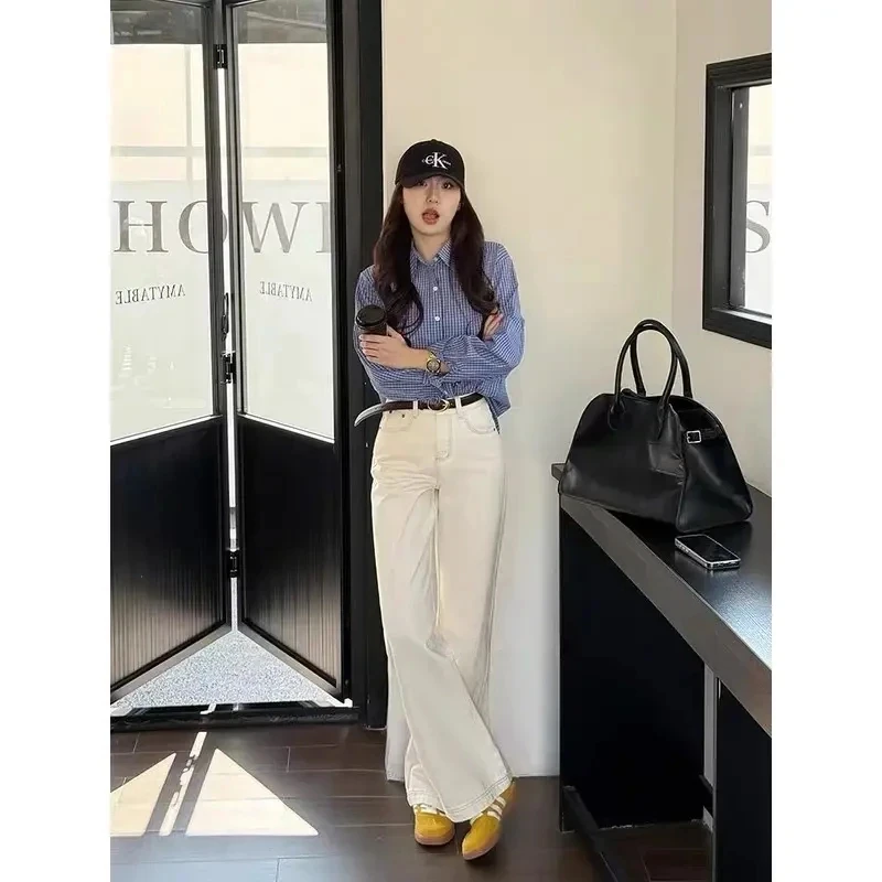 安奈【现货送皮带】米杏色高腰直筒牛仔裤显瘦新款宽松阔腿拖地裤