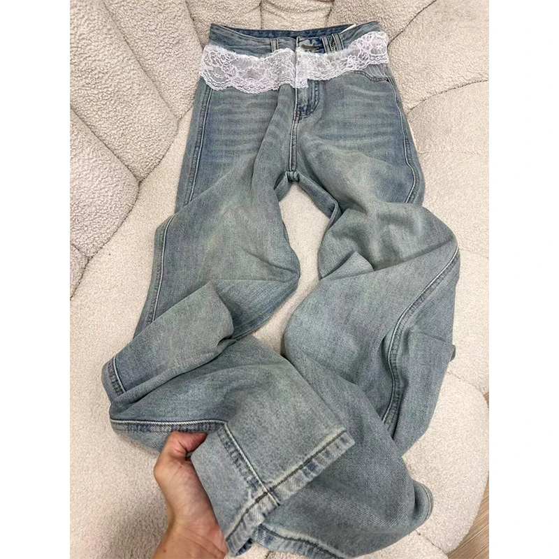 大码芭蕾风蕾丝拼接阔腿牛仔裤女夏季2025新款高腰垂感拖地直筒裤