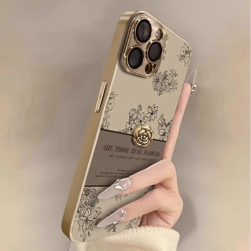 复古山茶花适用于苹果16promax手机壳电镀17pro彩绘15P轻奢保护套