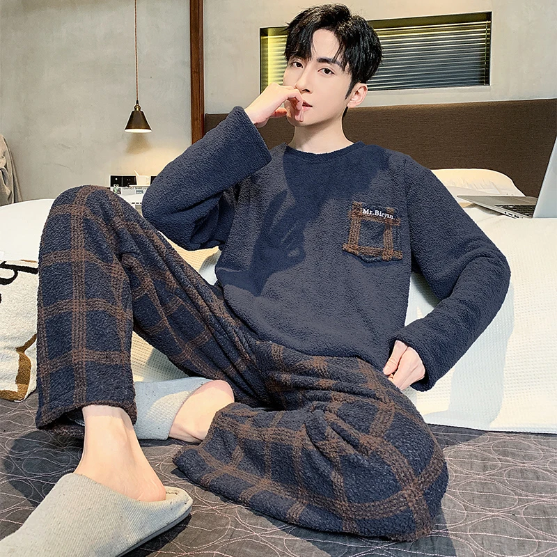 新款时尚冬季半边绒男士睡衣冬天珊瑚绒加厚加绒冬款保暖家居服