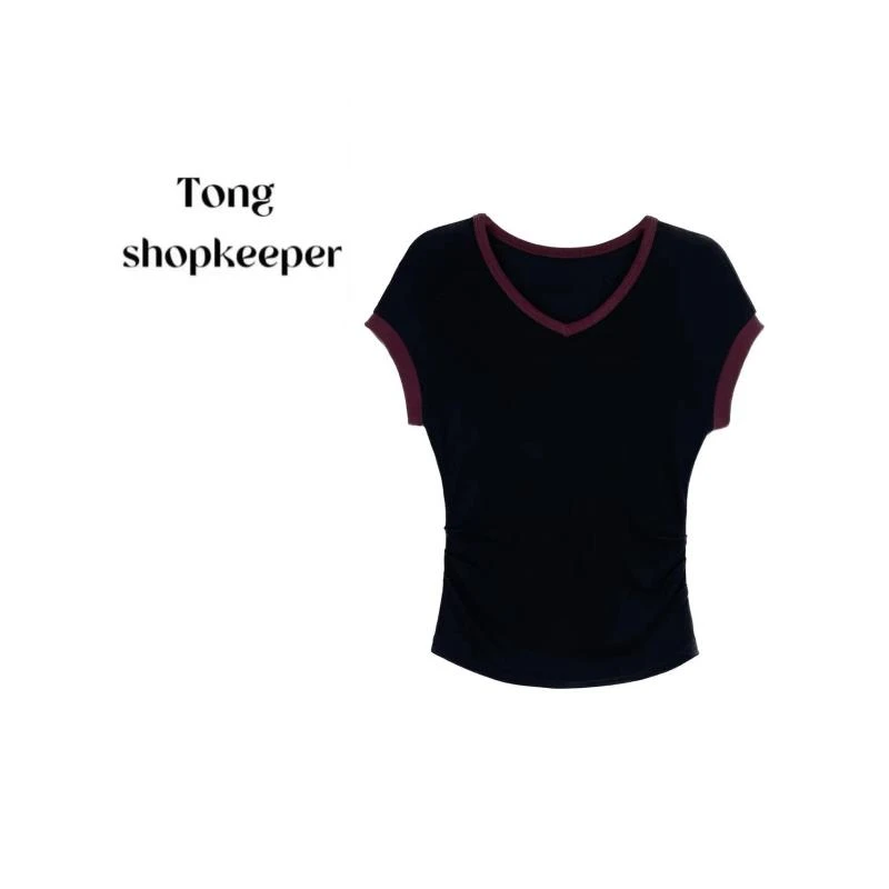 QJ/彤掌柜168828 夏季2025莱赛尔羊毛新款撞色拼接打揽显瘦短袖