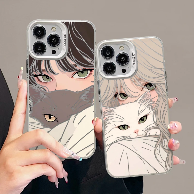 奥菲顿抱猫女孩插画适用iphone1615元气手机壳华为vivo小米oppo套