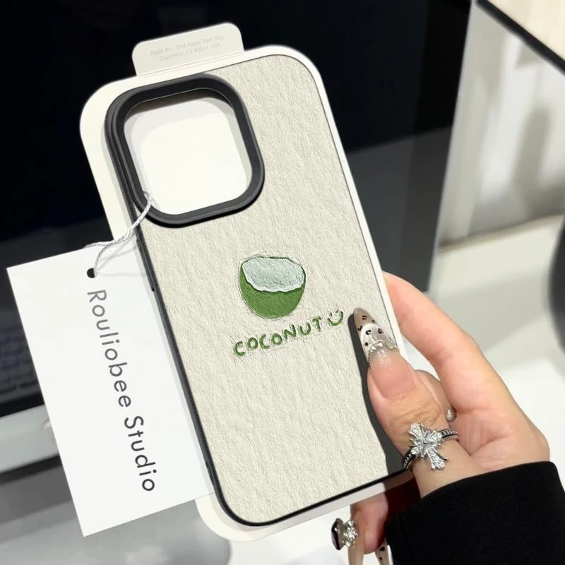 简约小清新油画椰子适用苹果15promax手机壳iPhone16pro新款荔枝
