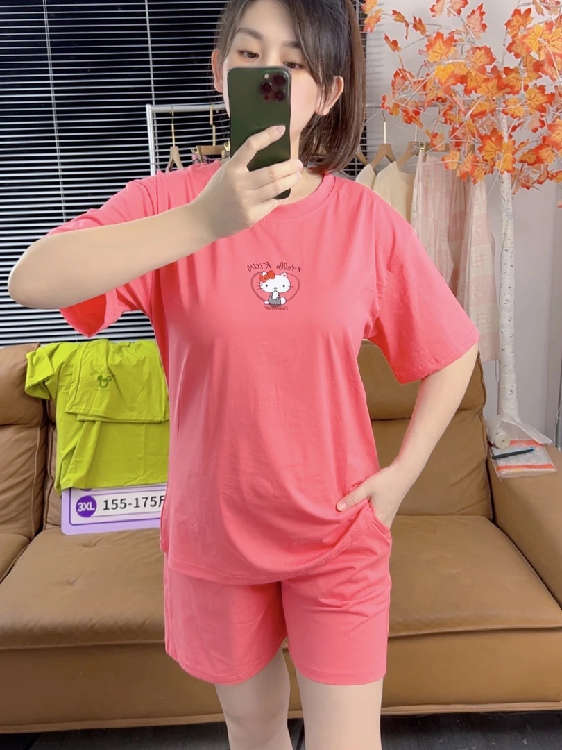 夏季爽棉套装圆领睡衣家居服直播套装印花休闲薄款时尚卡通