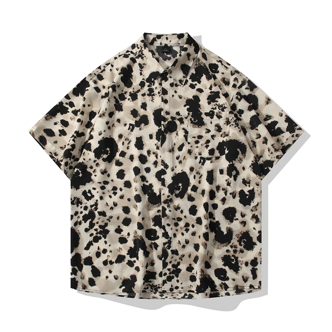 夏季凉感冰丝宽松衬衫男士豹纹潮牌垂感不褶皱痞帅透气薄款衬衣服
