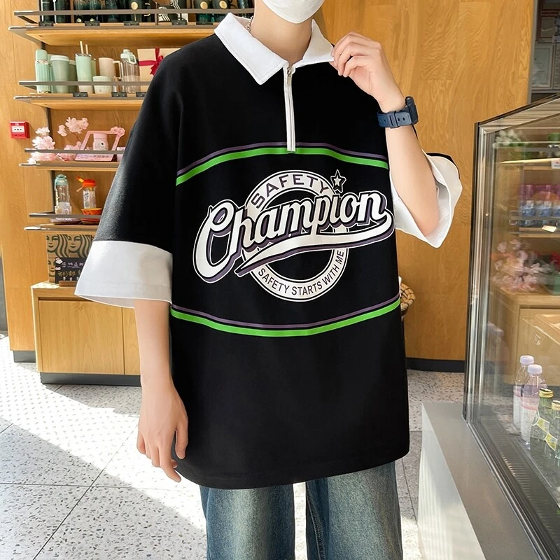 男生夏季新款印花翻领短袖T恤潮流宽松青少年韩版帅气Polo五分袖