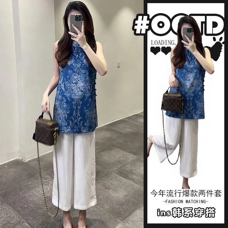 夏季一整套女装2025年韩版时尚减龄气质无袖上衣休闲裤两件套