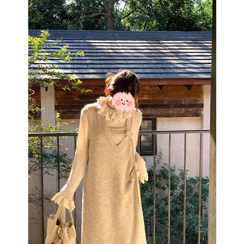 [柔柔心动] 花边圆领长袖内搭打底衫V领长款连衣裙针织裙套装