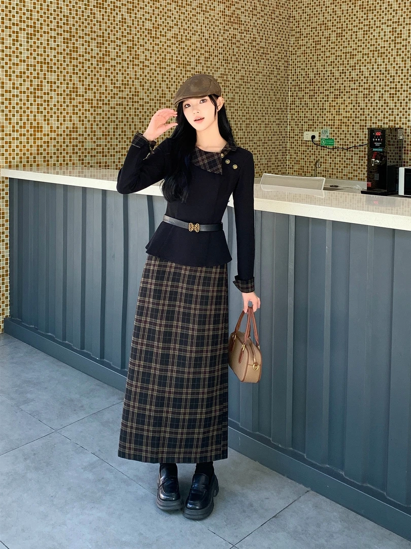 大码女装法式气质名媛千金风套装女秋冬季拼接设计上衣+半身裙