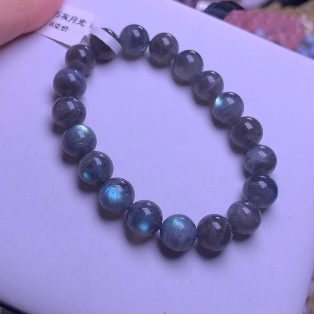 水晶手串银S925镶嵌拉长石灰月光10mm
