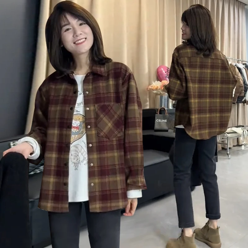 磨毛格子衬衫加厚外套女2025春装新款宽松百搭休闲叠穿衬衣上衣