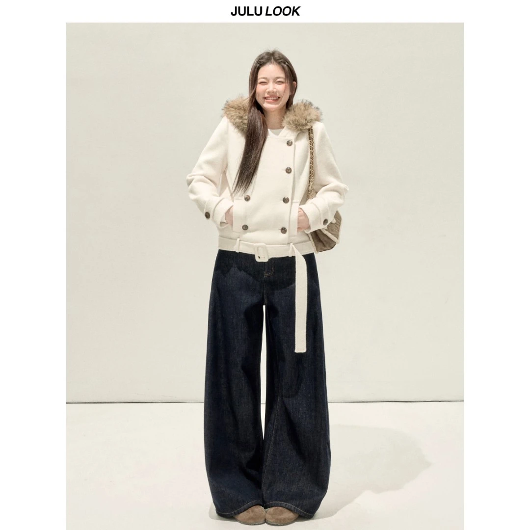 巨鹿工作室“馥郁甜茶”微胖mm毛领连帽短毛呢外套牛仔裤大码套装