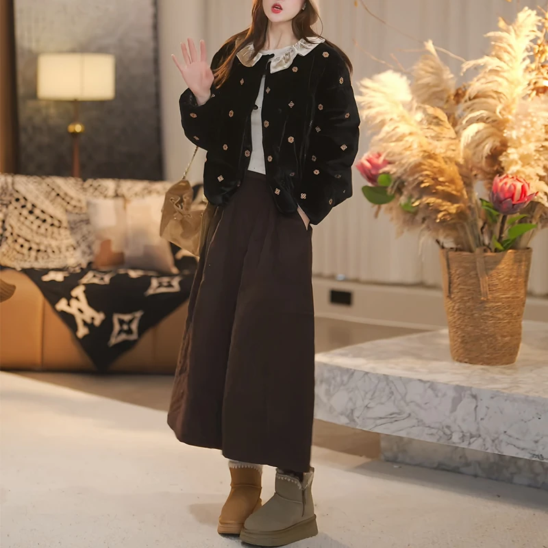 韩系一整套穿搭女士2025冬季新款木耳边外套高级感休闲裤减龄套装