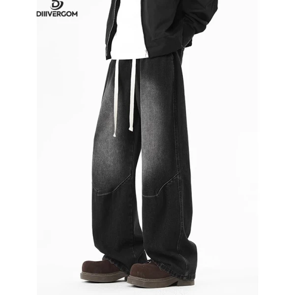 水洗做旧牛仔裤男春秋美式高街痞帅潮牌宽松直筒阔腿休闲长裤男裤