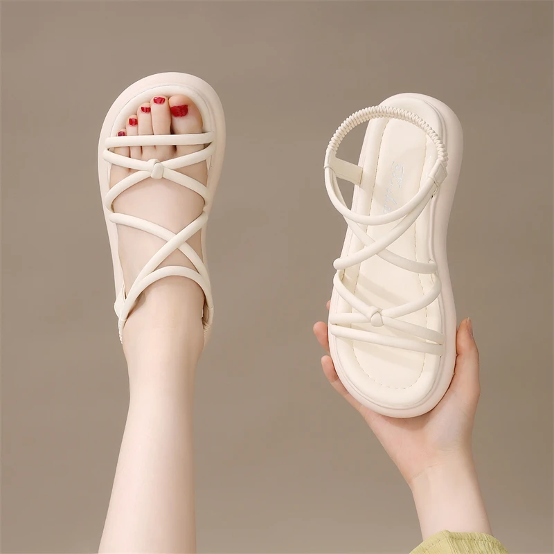 仙女风时尚软底罗马鞋2025夏季新款平底露趾凉鞋交叉带休闲沙滩鞋