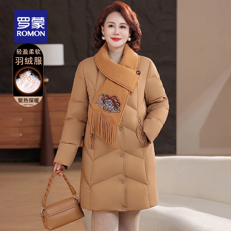 罗蒙中长款羽绒服女2025冬季新款中老年妈妈装国风围巾领羽绒外套