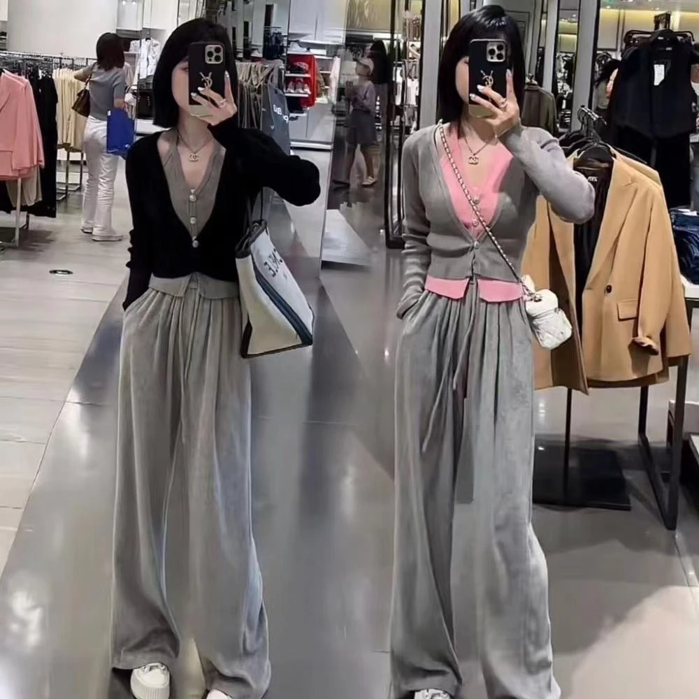 早秋穿搭一整套2025新款茶系穿搭假两件上衣+休闲裤时尚运动套装