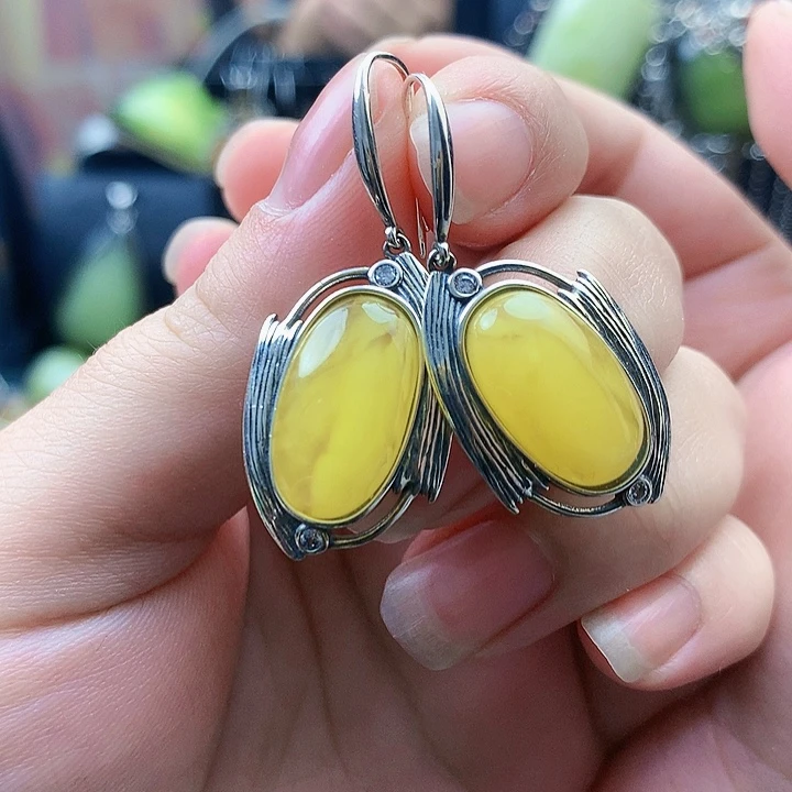 琥珀裸石银S925镶嵌耳坠