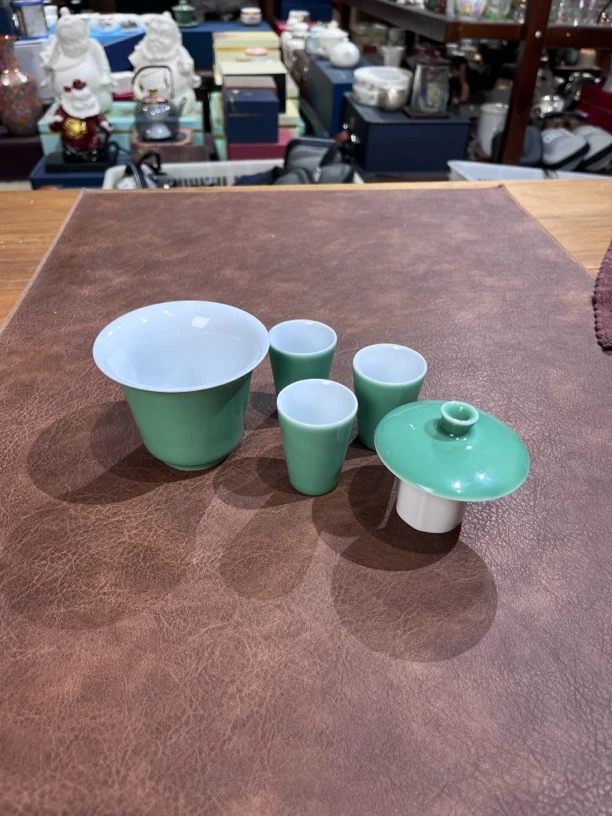 松石绿盖碗一壶三杯茶具陶瓷