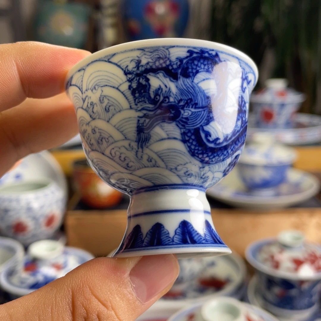 青花江崖海水龙闻香杯