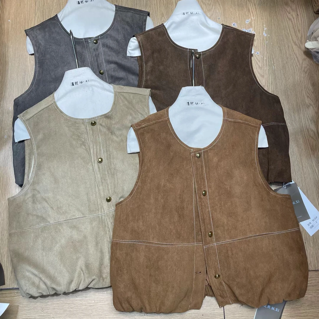 秋冬法式复古明线麂皮绒无袖马甲女宽松叠穿百搭马夹背心外套9626