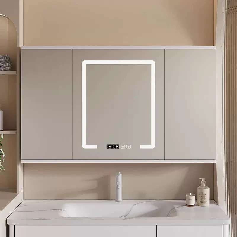 卫生间奶油风智能折叠风水镜挂墙式多层实木隐藏式镜柜翻盖式镜柜