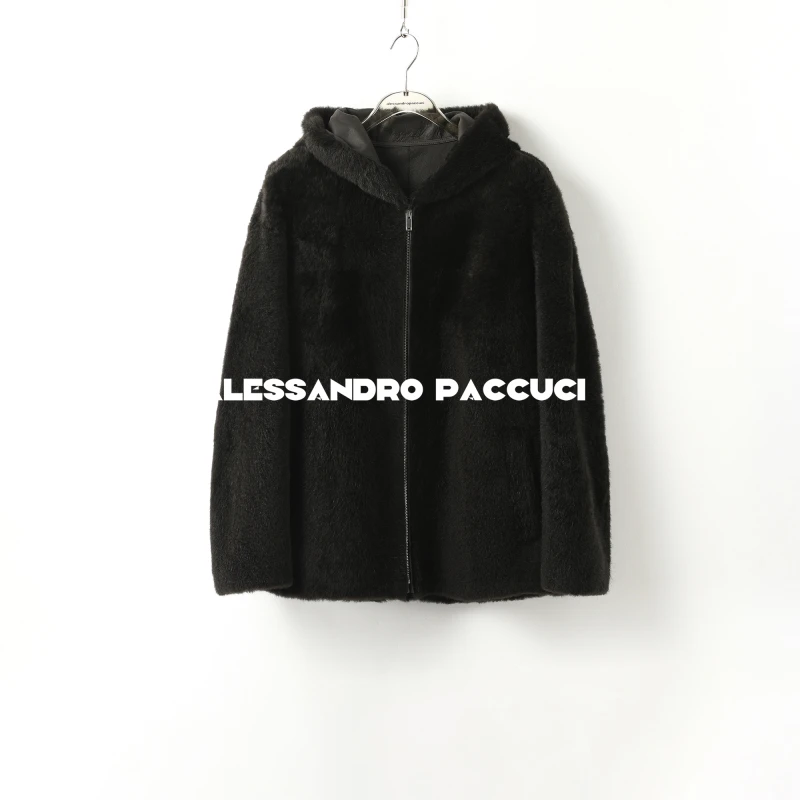 AP洛哥44070CM【黑标系列】进口拉贡羊皮毛连帽拉链休闲外套2024冬