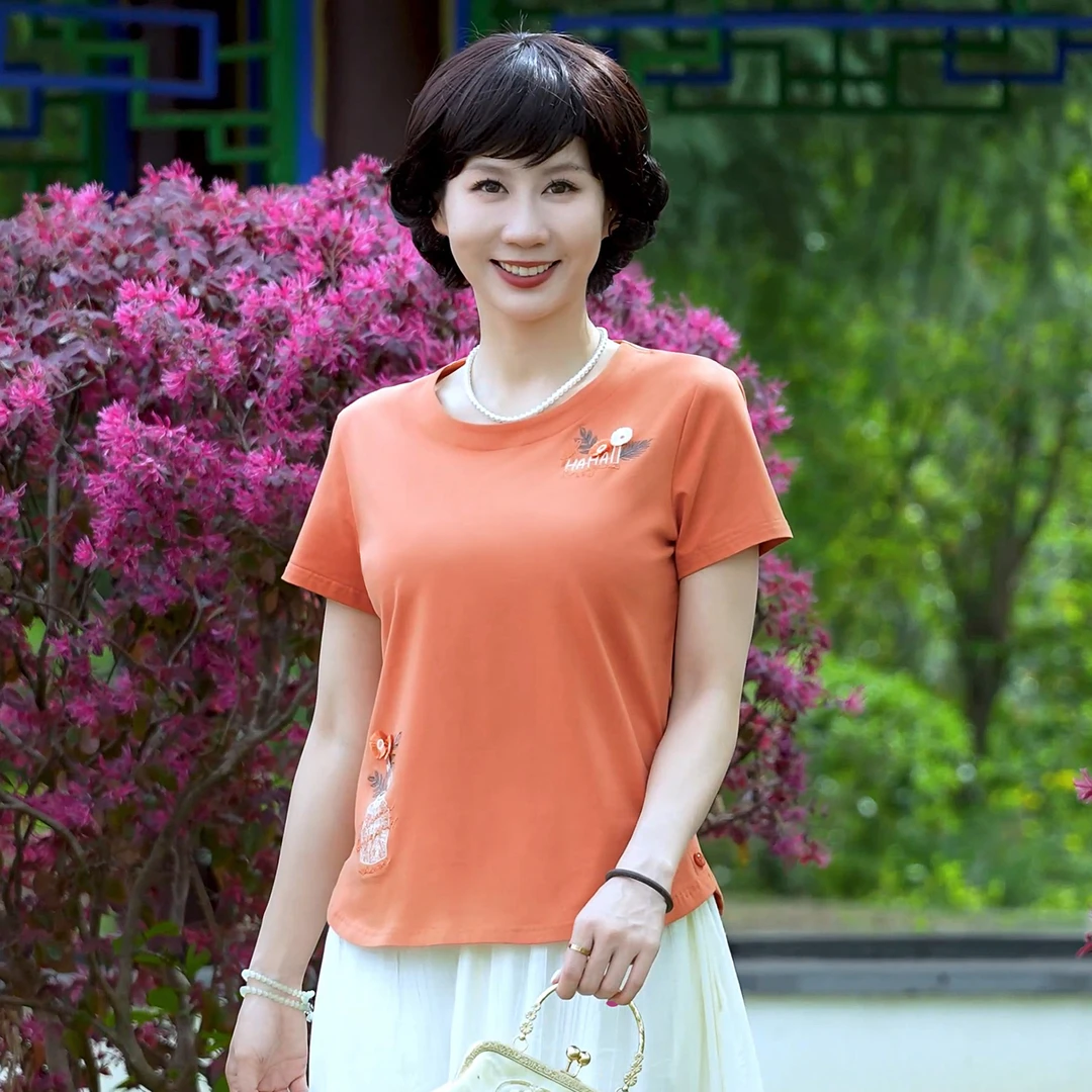 2025夏季冰瓷棉短袖重工刺绣立体小雏菊时尚T恤休闲百搭圆领上衣2