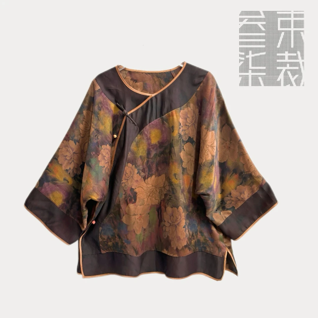 G43【浮世繁花】夏季新品桑蚕丝香云纱太太服斜襟时尚设计款上衣