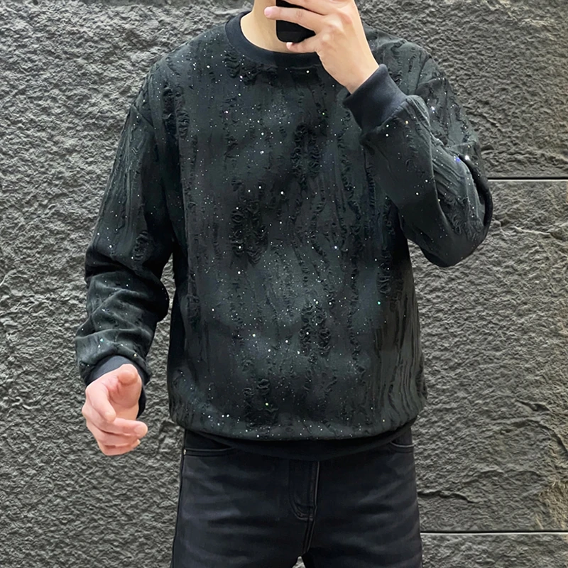 美式休闲套头长袖T恤衫春秋新款男士圆领卫衣复古破洞设计感上衣