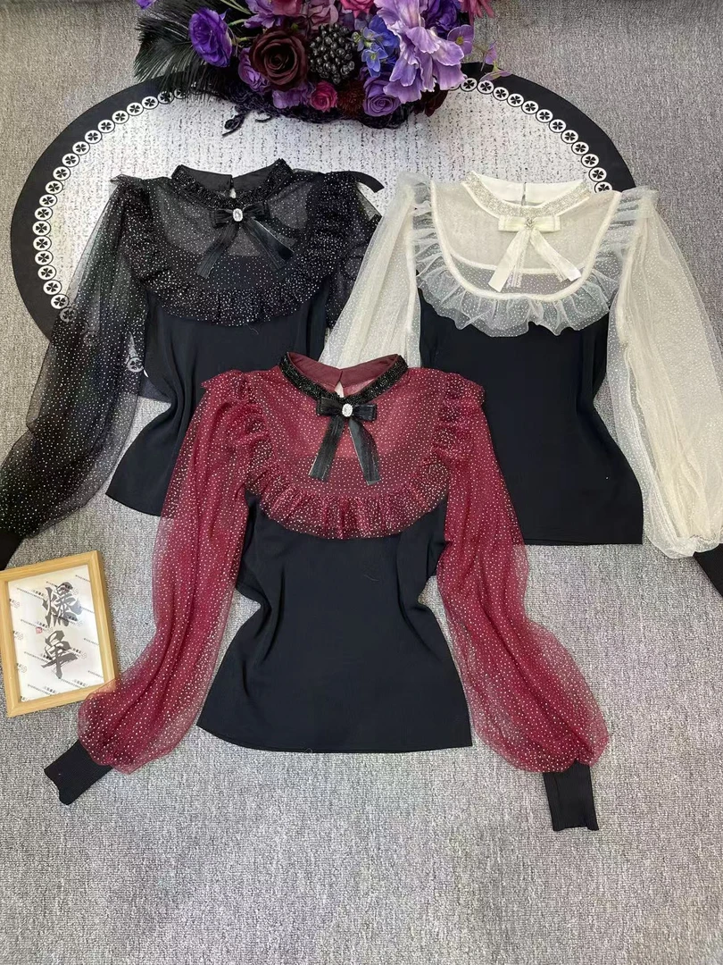 淑雅阁服饰  蝴蝶结立领拼接泡泡袖学院风上衣蕾丝收腰法式2591