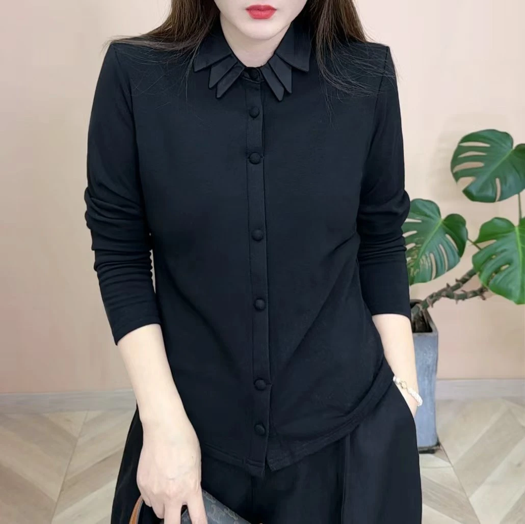 2025冬季新品时尚百搭修身显瘦磨毛衬衫领设计感女士长袖上衣8302
