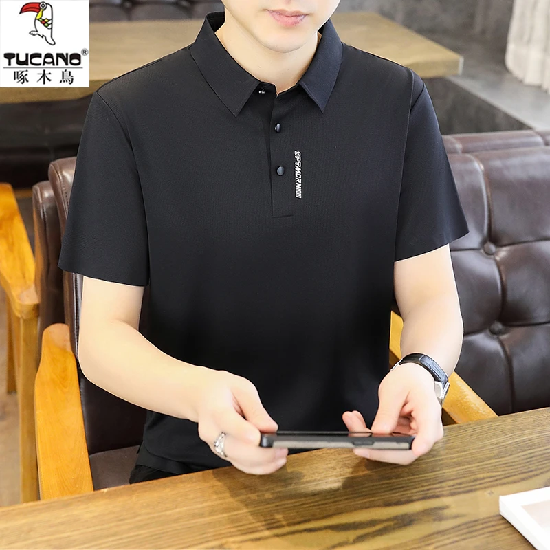 高档冰丝POLO衫男士短袖T体恤夏翻领半截袖透气中青年爸爸装大码