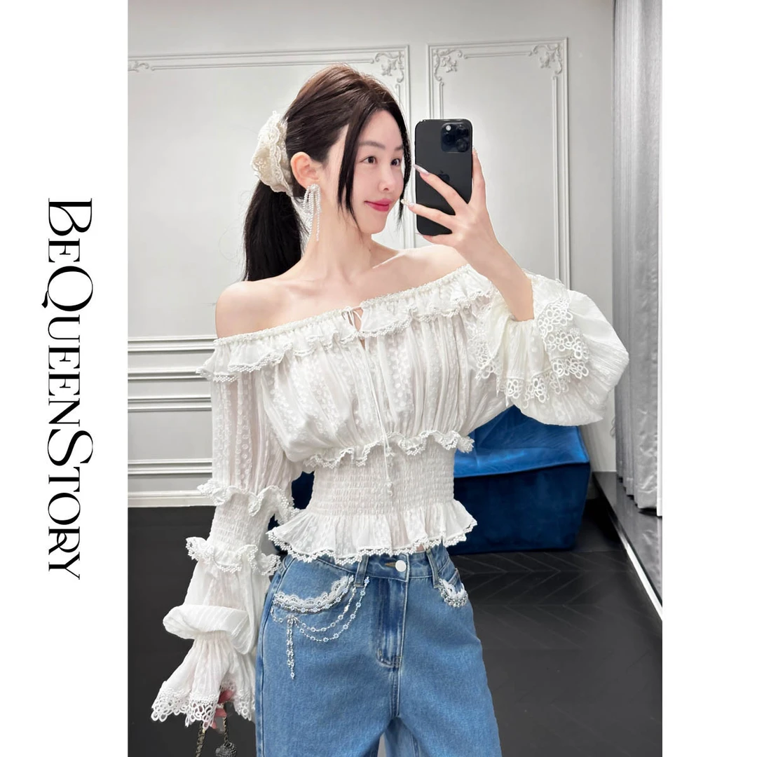 余潇潇【纯情恋曲】新款法式拼接木耳边打揽收腰欧若风衬衣