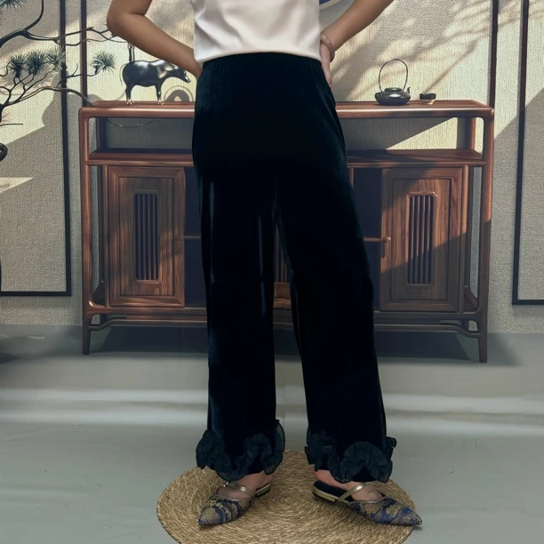 【龙娴夫人】木耳底边真丝丝绒洋气减龄时尚直筒松紧腰早秋八分裤