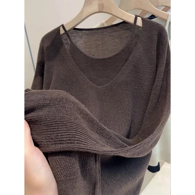 秋季大码女装胖MM韩系时尚v领假两件长袖针织衫气质显瘦百搭上衣